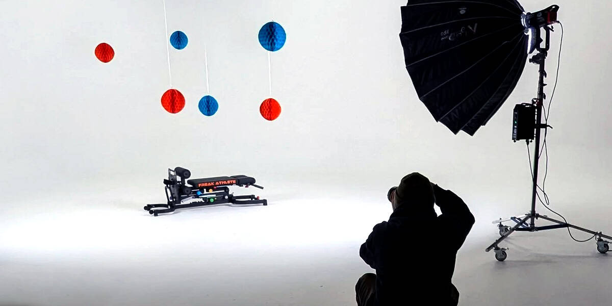 Professional video production setup with lighting and equipment on a spacious stage at Pixthis in Portland.