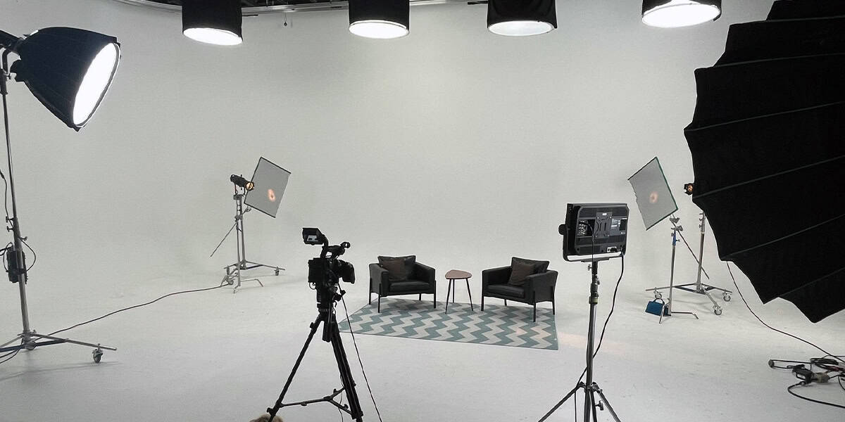 Recording studio at Pixthis in Portland with microphones and soundproof panels. 
