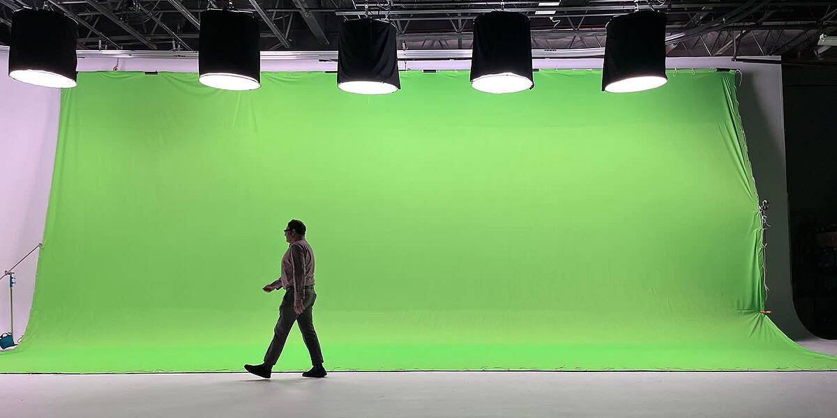 Green screen setup at Pixthis in Portland for video production. 